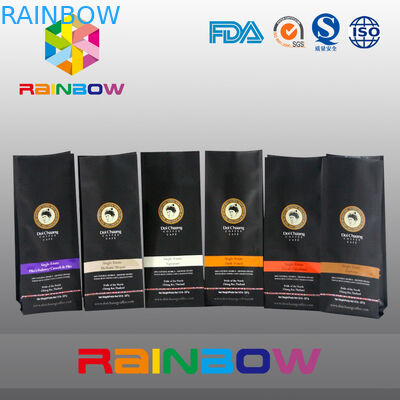 Il nero su misura ha stampato le borse inferiori del rinforzo, sacchetto di plastica del caffè con la chiusura lampo/valvola
