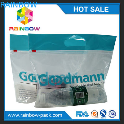 La borsa a chiusura lampo del cursore del PE con il logo sta sulle chiare borse anteriori della serratura dello zip della borsa con la parte anteriore a chiusura lampo della radura della borsa stampata codice di upc