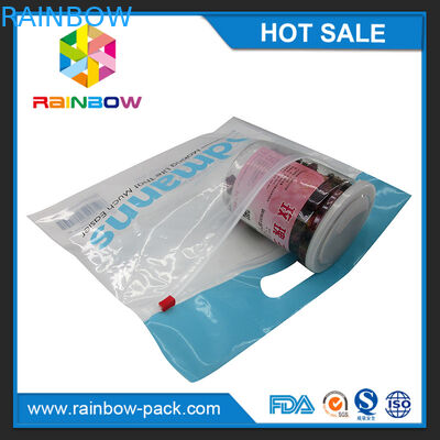 La borsa a chiusura lampo del cursore del PE con il logo sta sulle chiare borse anteriori della serratura dello zip della borsa con la parte anteriore a chiusura lampo della radura della borsa stampata codice di upc