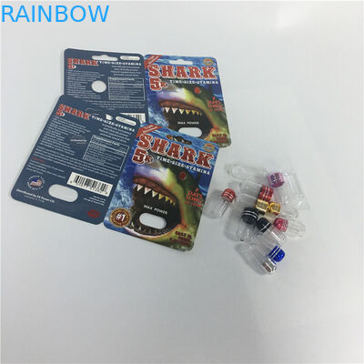 Capsule maschii della pillola di potenziamento di rinoceronte che imballano le carte di carta dello squalo della bolla delle scatole
