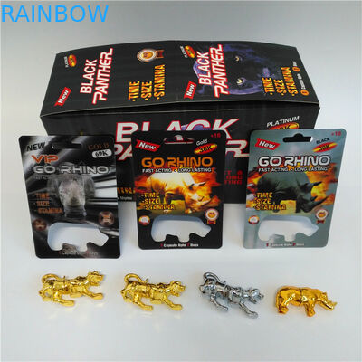 Va la carta della bolla della pillola di potenziamento degli uomini di rinoceronte che imballa con la figura bottiglia di rinoceronte della bolla