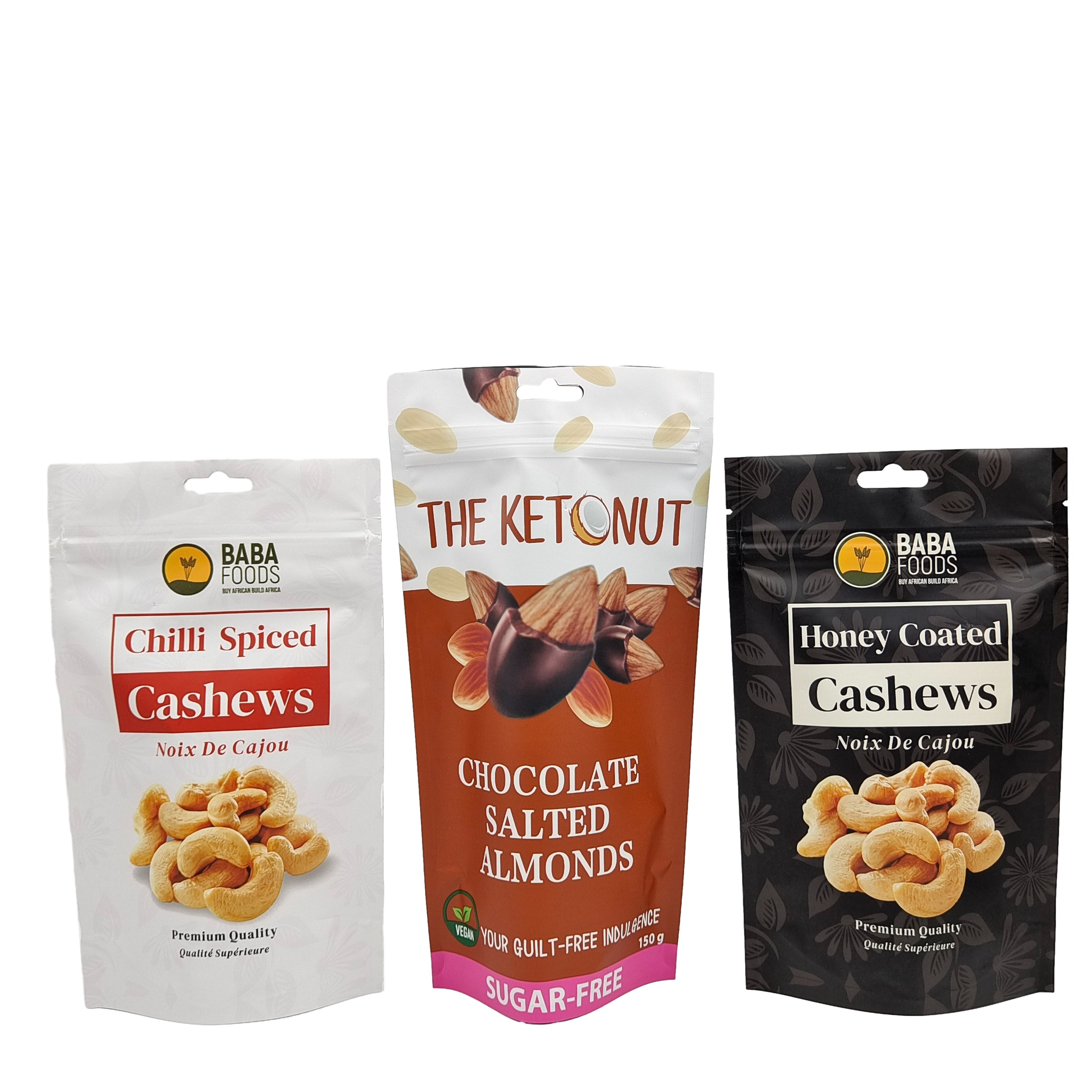 Custom Stand Up Zipper Cashew Nuts Busta alimentare al cioccolato Fogli di alluminio Busta di imballaggio Zip Lock