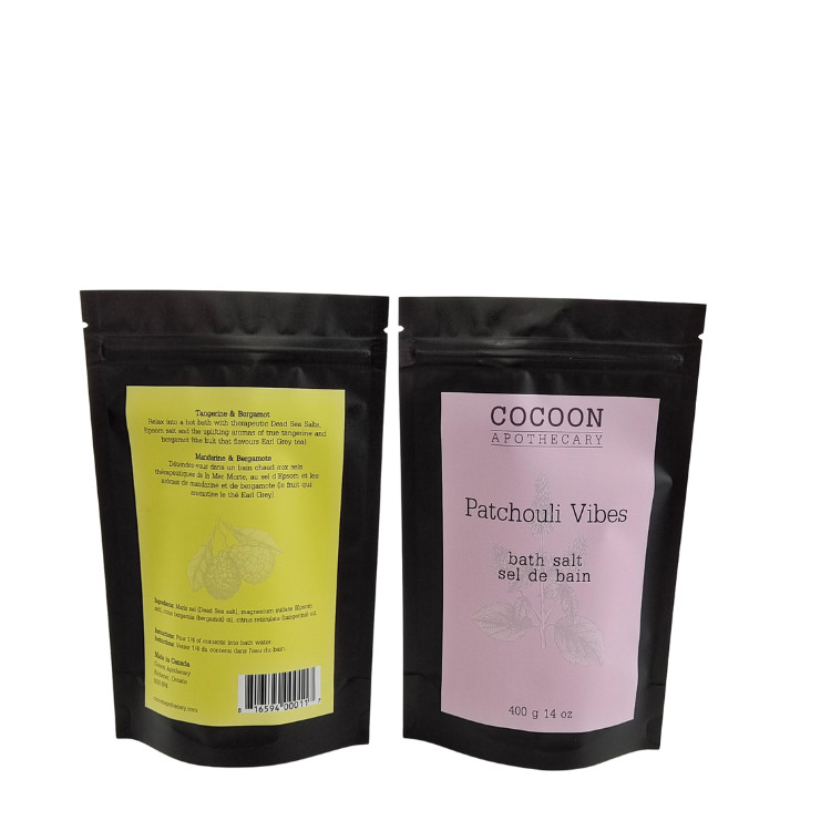 Fogli di alluminio stampati su misura Bagno Spezie di sale Caffè Imballaggio alimentare Chiusura a cerniera Portafogli di plastica sacchetti Mylar per sapone