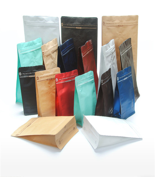 Sacchetti di imballaggio in carta kraft stampata Sacchetti di caffè a fondo piatto con valvola di disgasamento