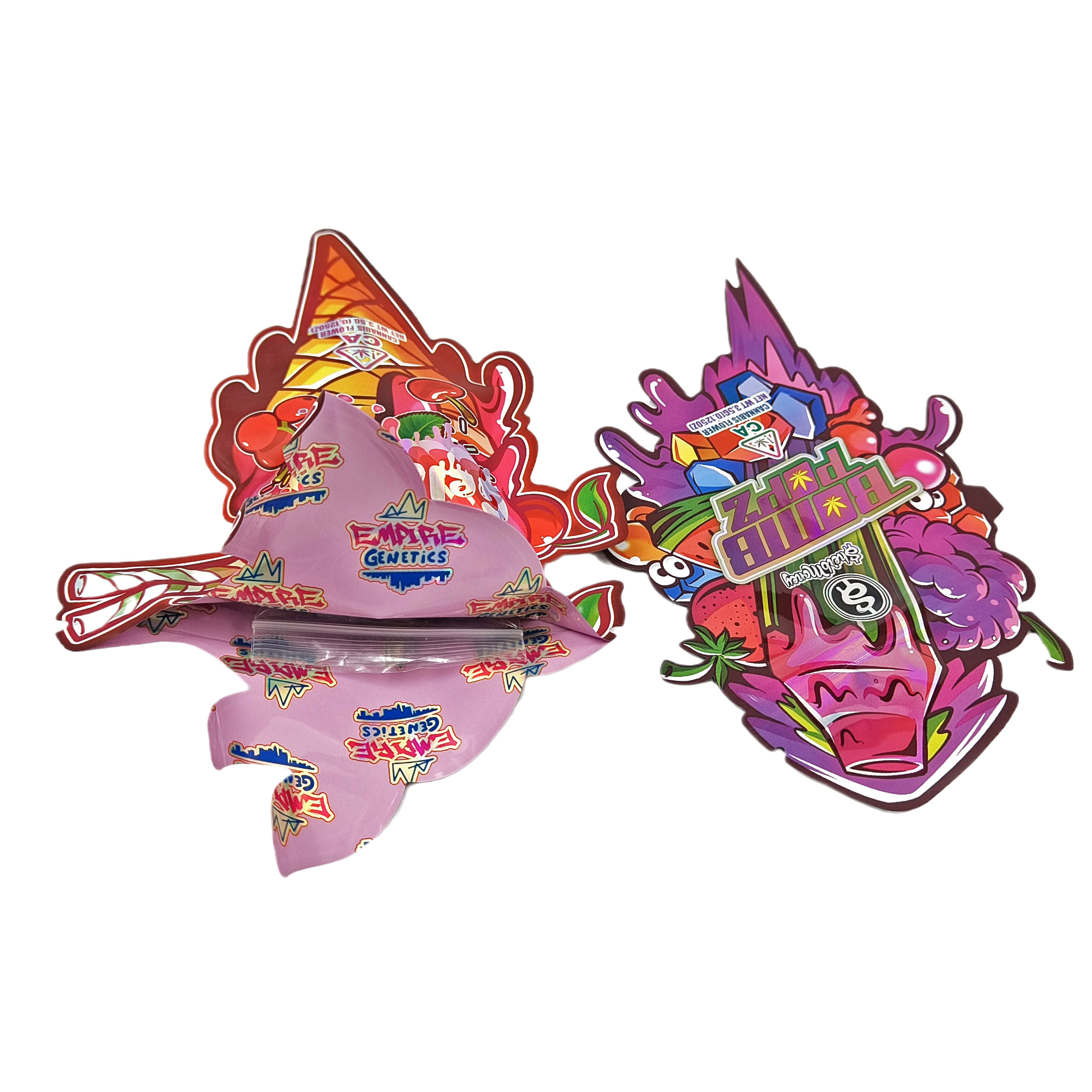 Plastico disegno personalizzato con forma speciale imballaggio stampato foglio ologramma caramelle a prova di bambino sacchetti Mylar Die Cut