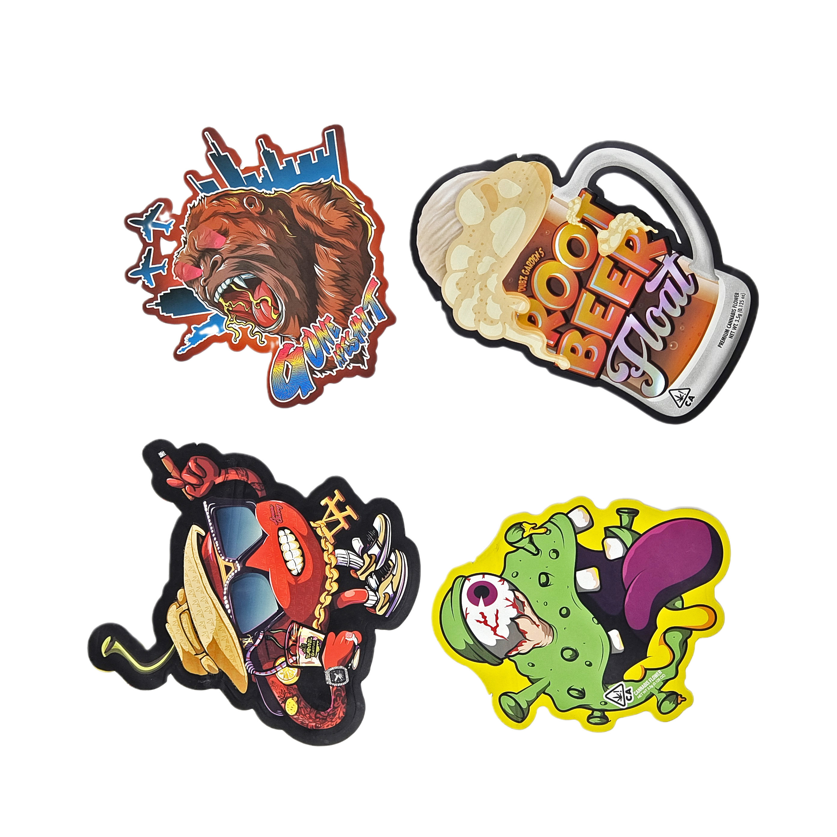 3.5g 7g Stampati su misura con taglio speciale a stampo a stampo irregolare Sacchetti Mylar a forma irregolare a prova di odore con cerniera Imballaggio snack Sacchetti Mylar