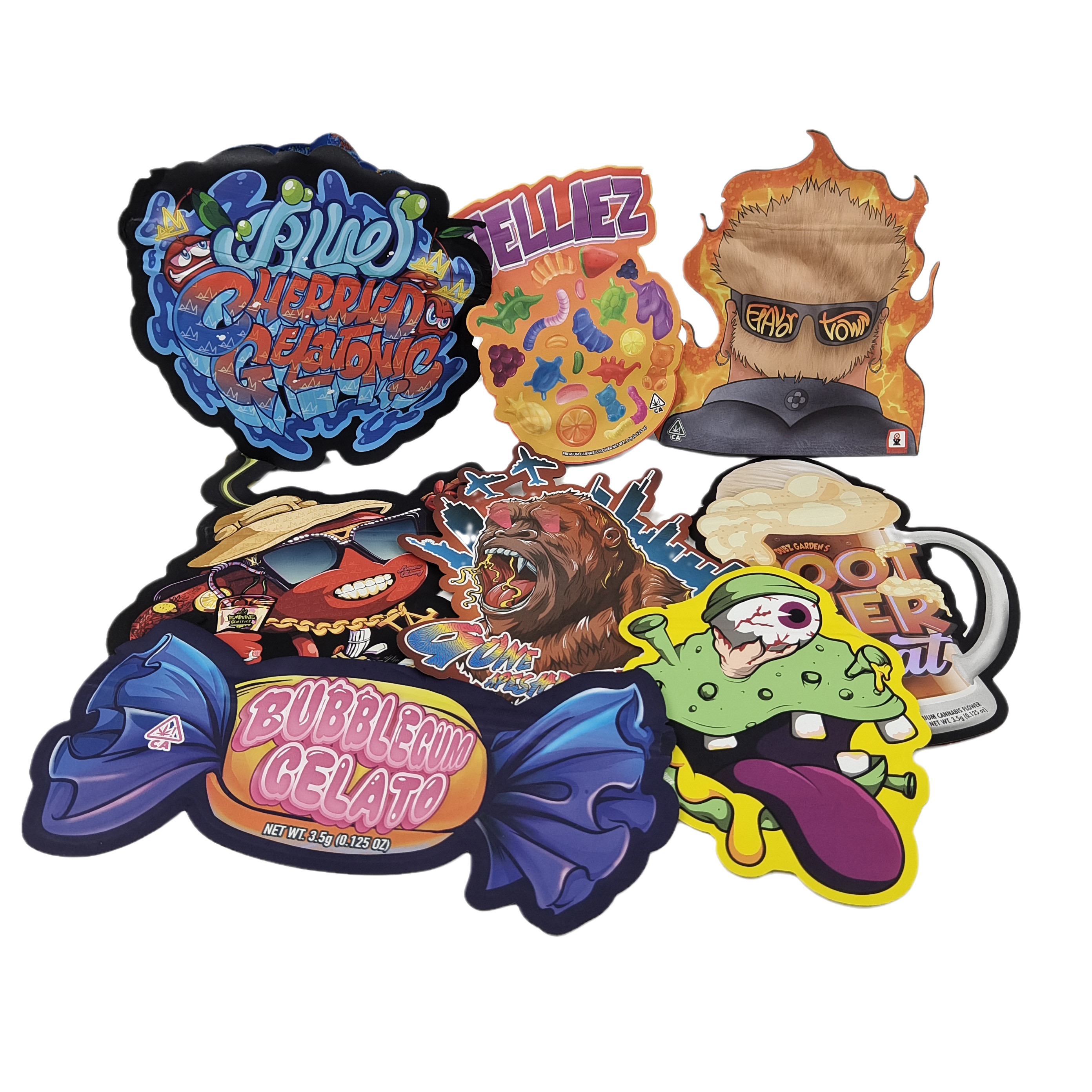 3.5g Borse Mylar stampate su misura con forma irregolare con taglio a striscia Borse a cerniera Borse di imballaggio per snack biscotti dolci