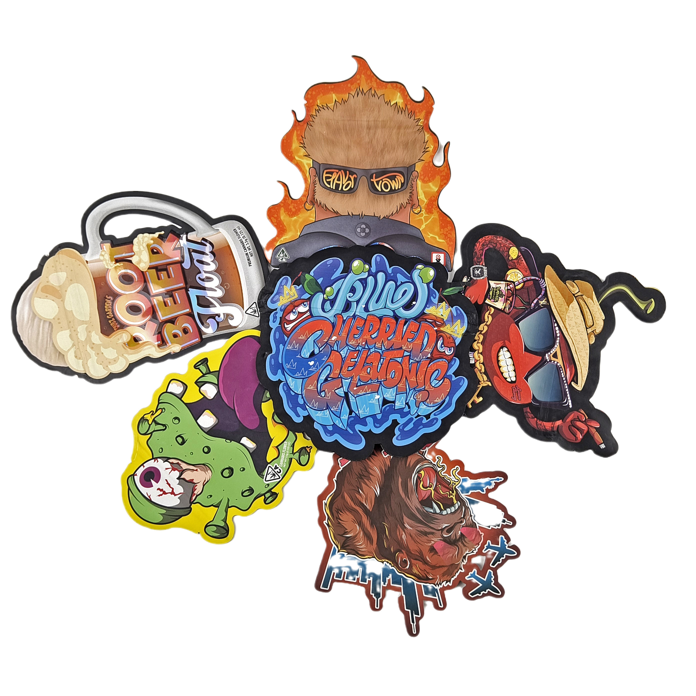 Sacchetti Mylar a forma con logo personalizzato stampato Holografo irregolare Ziplock antiodore 3.5g 7g 14g 28g Borse per snack