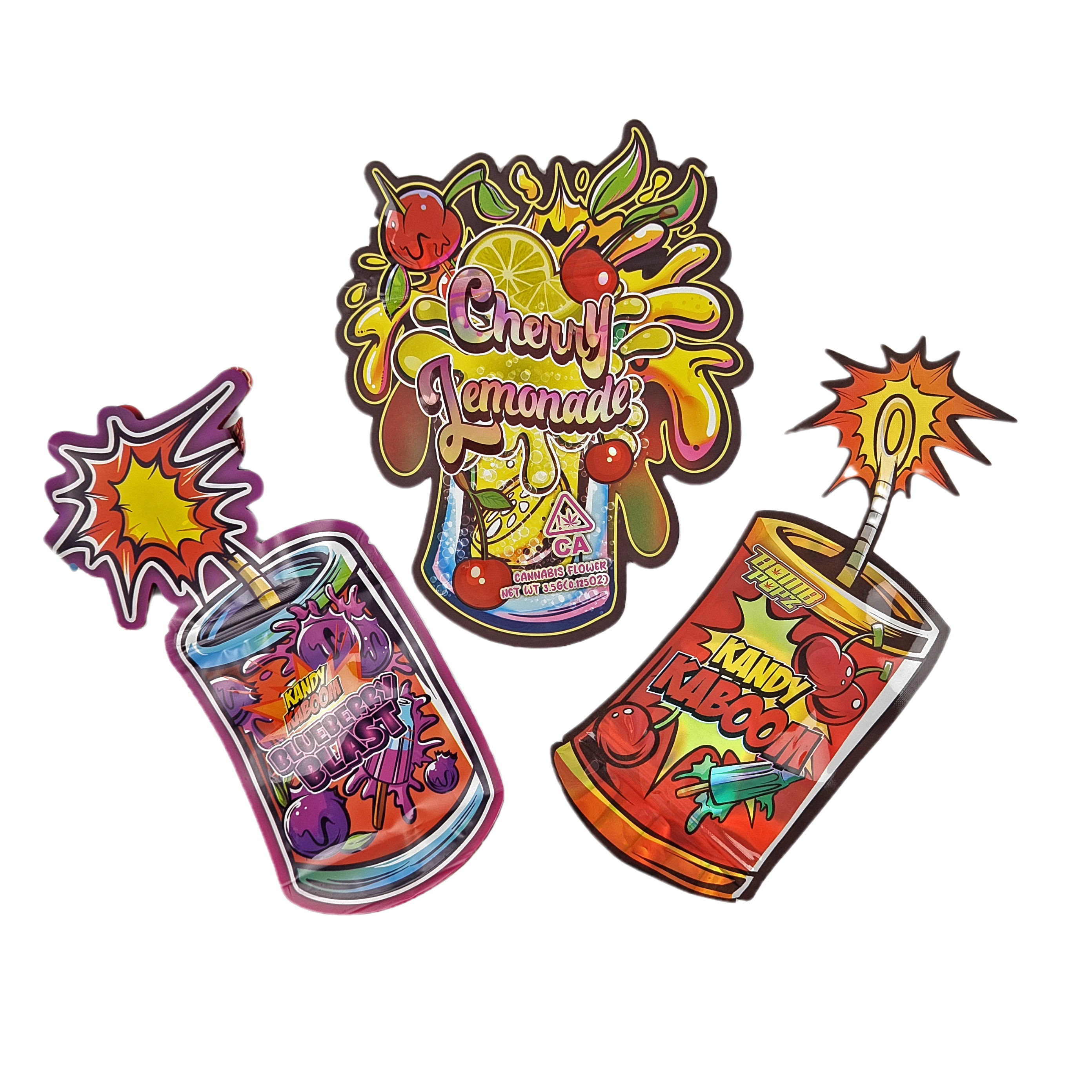 Imballaggio a forma irregolare Disegno personalizzato con foglio olografico a ziplock 3.5g a prova di odore Sacchetti Mylar a taglio stampato