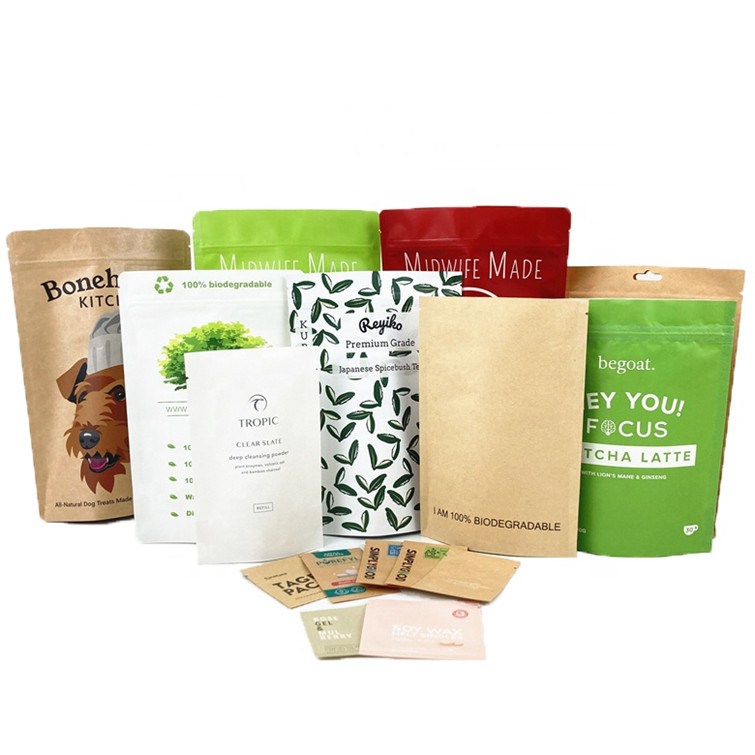 Eco-Friendly Logo personalizzato 100g 250g Tea Coffee Bag Bag Packaging Bag Carta Kraft riciclabile Stand Up Bag