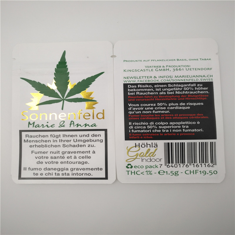Il bianco di Hotstamped ha personalizzato i sacchi di carta delle foglie di CBD, carta kraft che imballa per le foglie del tabacco CBD