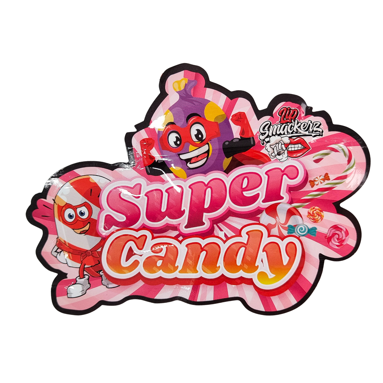 Busta di plastica fustellata da 3,5 g con cerniera lucida in Mylar per confezionamento di caramelle gommose alle erbe, a prova di odore, superficie lucida