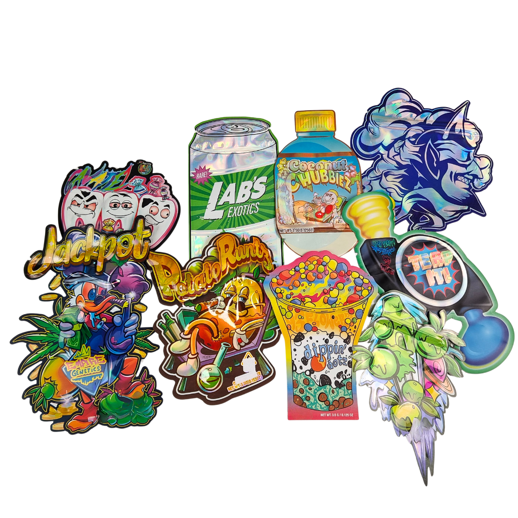 Sacchetti Mylar Doypack Fustellati per Alimenti Cali 3.5g 7g 14g 28g Sugar Cookie Lucidi/Opachi, a Prova di Odore con Chiusura Zip