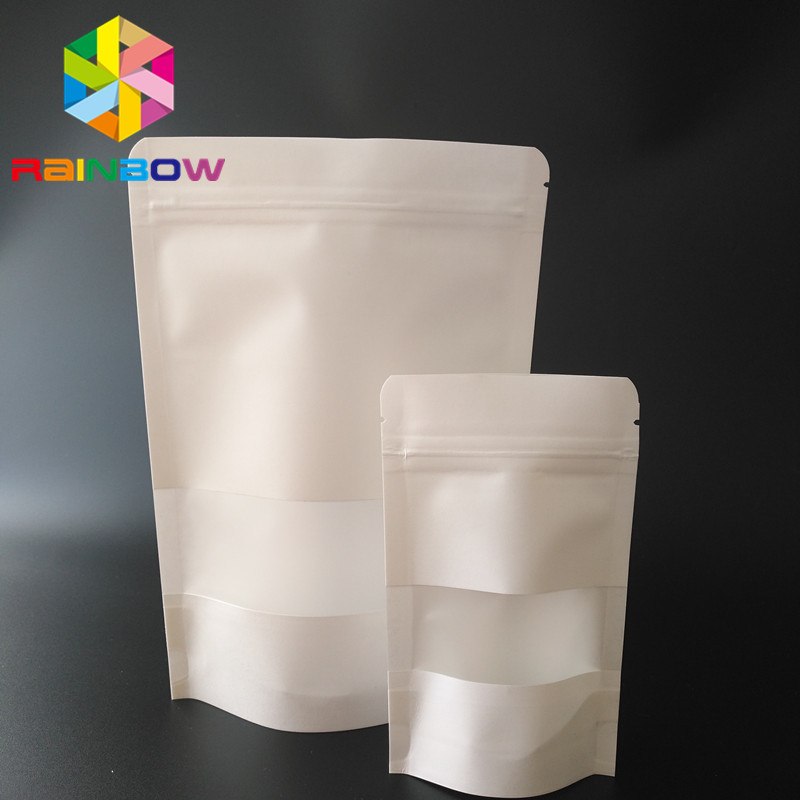 White Doypack Snack Bag Packaging Materiale di carta kraft con finestra trasparente / cerniera.