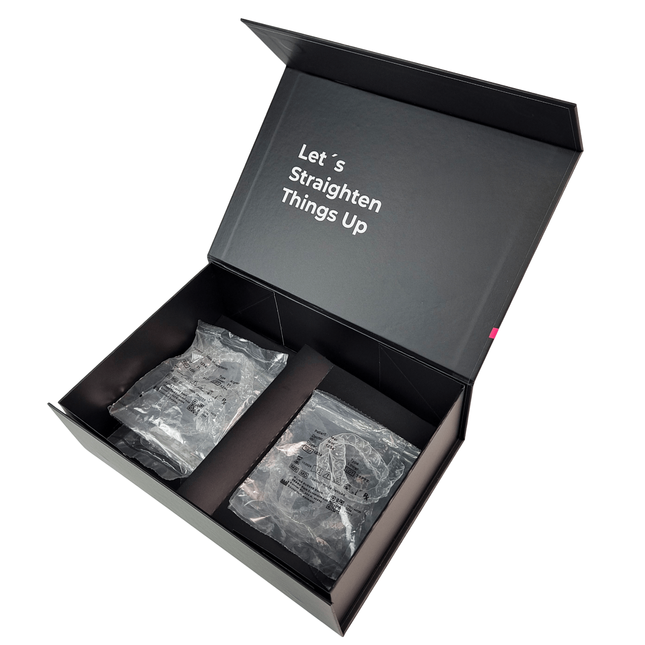 Scatola di imballaggio per allineatori dentali personalizzati con chiusura magnetica spessore 350 g e design personalizzabile per allineatori dentali