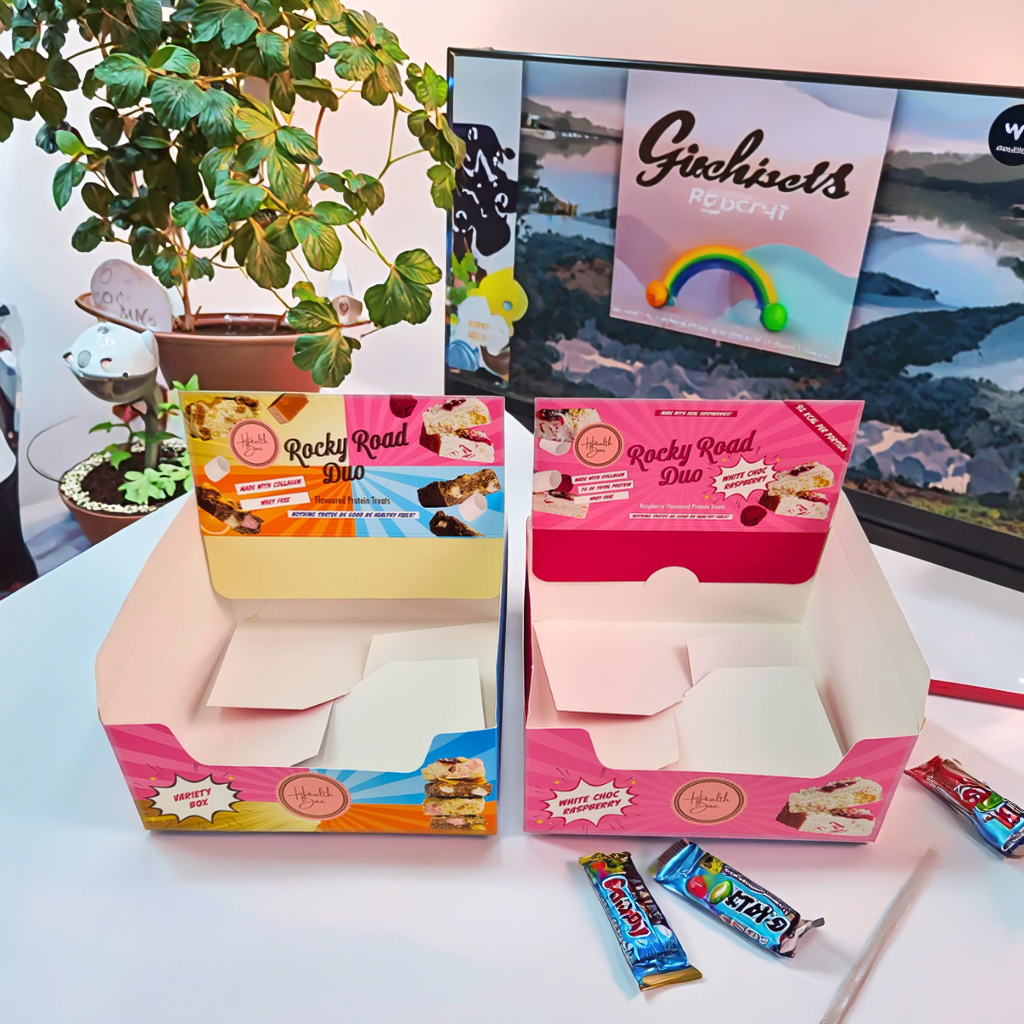 Scatola espositiva in cartone stampata su misura con spessore 350 g e stampa a caldo per confezioni al dettaglio di snack