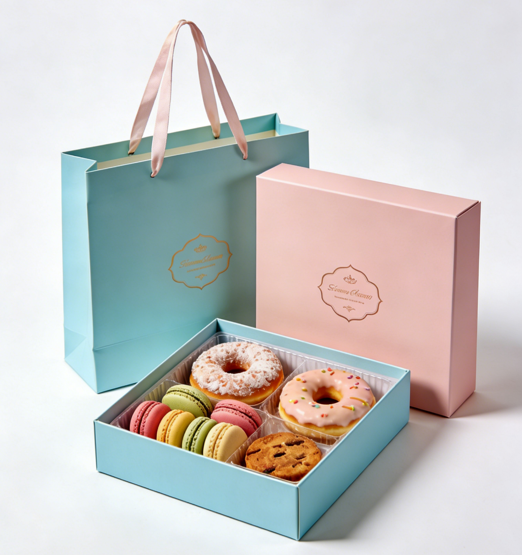 Premium Food Grade Base pieghevole e coperchio Scatola per torte Sushi Makaron Desserts Pasticceria Scatola regalo Set con sacchetto di carta