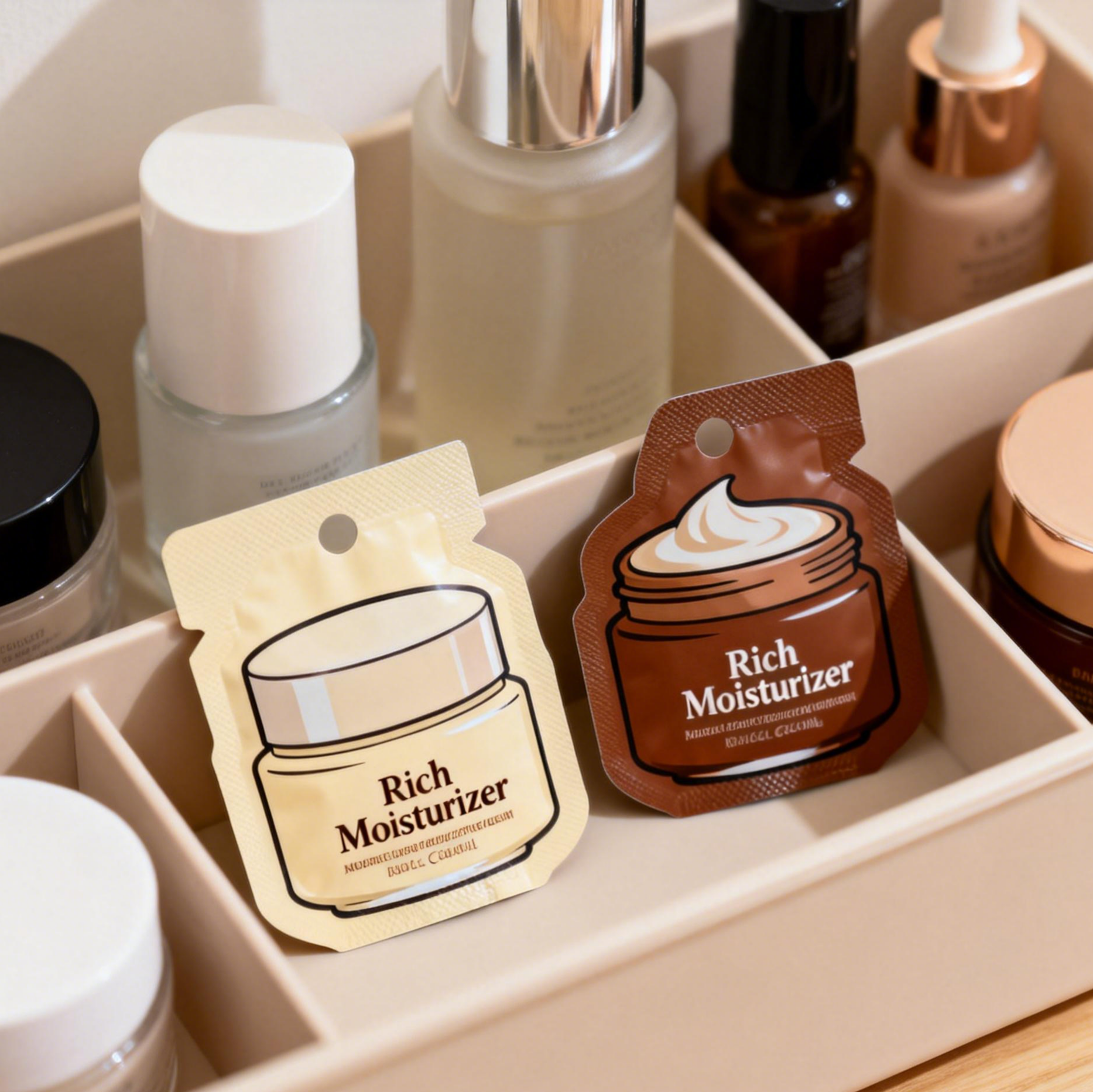 Lozione per la cura della pelle personalizzata Crema imballaggio di plastica Piccolo campione cosmetico sacchetto sacchetto di foglio Mylar sacchetti di sigillo termico sacchetti di piccolo mini sacchetto