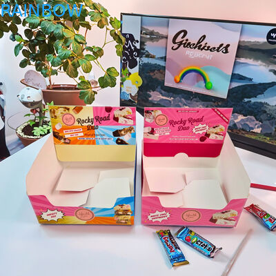 Scatola espositiva in cartone stampata su misura con spessore 350 g e stampa a caldo per confezioni al dettaglio di snack